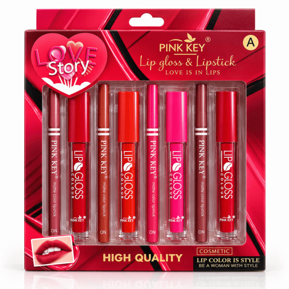 Pink Key Love Story Lip Set (1) PINK KEY Love Story Lip Gloss & Matte Lipstick Set – 8 Pieces
