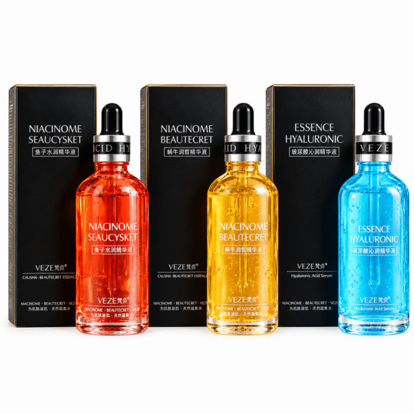 Trio of Colorful Serum Bottles (1) VEZE Facial Serum